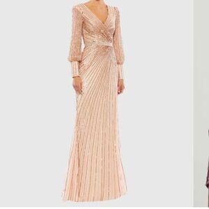 MAC DUGGAL Sequined Wrap Over Bishop Sleeve Gown NWT